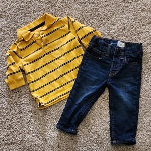 Yellow Striped Polo and Blue Jeans Set